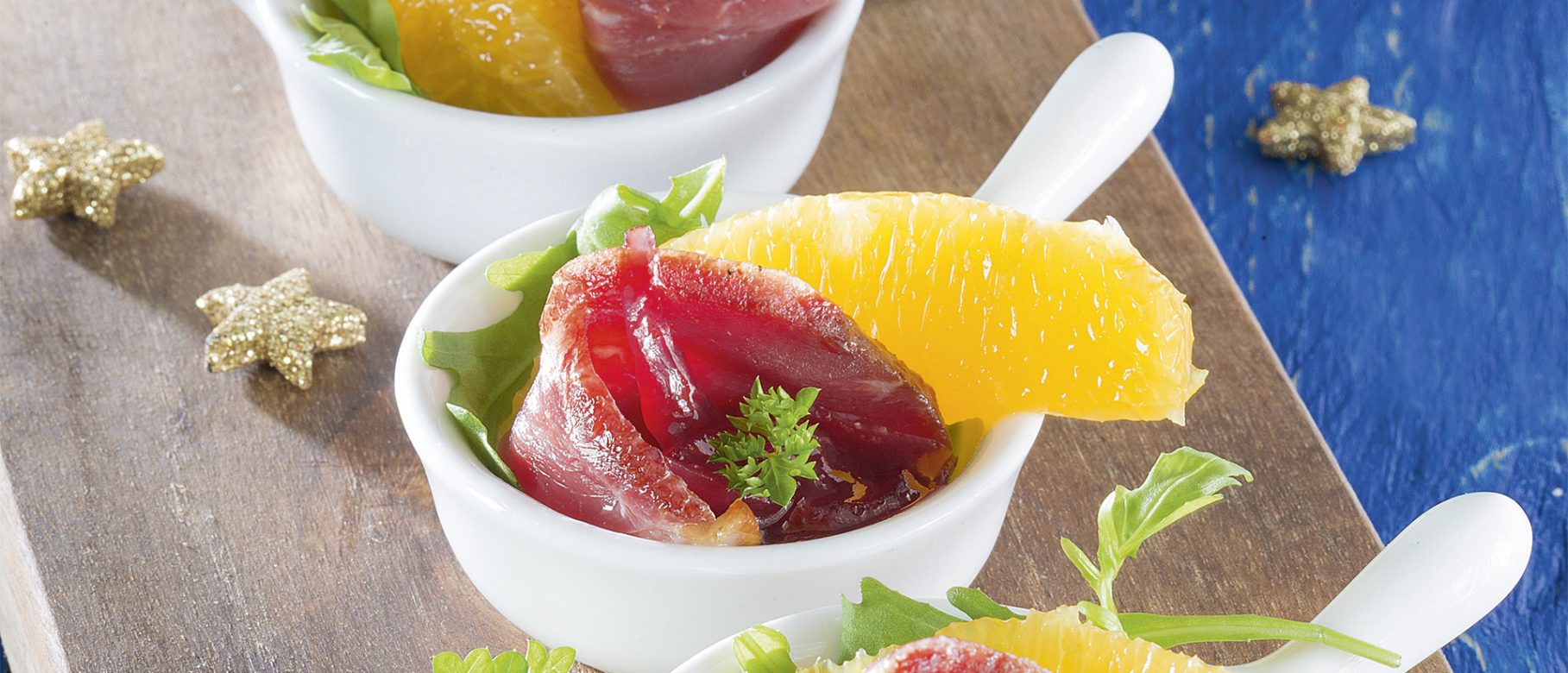 Häppchen mit geräucherter Entenbrust und Orange