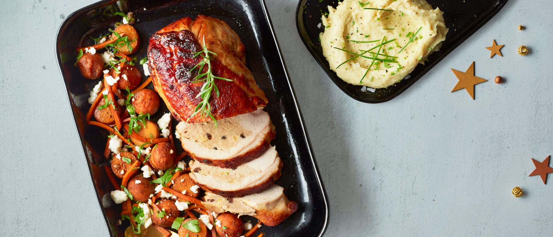 Putenbraten mit karamellisiertem Kürbis und Süßkartoffel